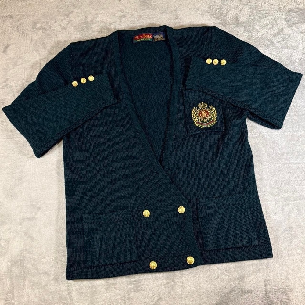 Rare 90s Vintage Jos. A. Bank Wool Cardigan Military Sweater | Navy | Medium